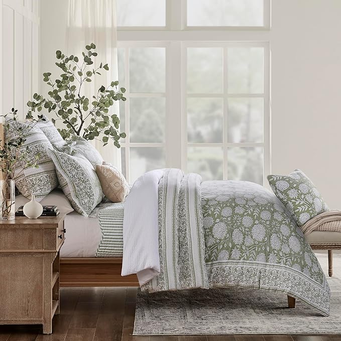Levtex Home Adare Sage Reversible Full/Queen Comforter Set (90x94in) with 2 Pillow Shams (26x20in) - Floral Bedding - Sage and White - 100% Cotton Full/Queen Size Comforter Set - Soft, Pre-Washed