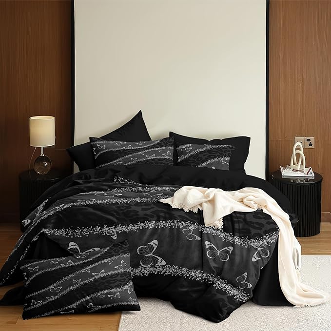 Black Leopard Print Comforter Set Full Size,Grey Butterfly Bedding Set with 2 Pillowcases for Adult Women - 3 Pieces Soft Fluffy Breathable Microfiber/Great Bedroom Decor,(79 * 90)