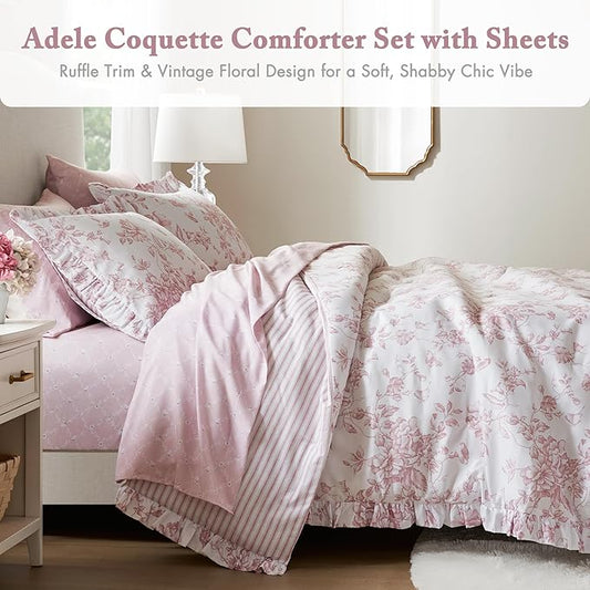 Madison Park Essentials Adele Pink Floral Twin XL Size Comforter Set – Vintage Bed in a Bag with Sheets, Reversible Ruffle Bedding, Elegant Gift for Her