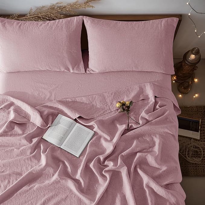 LBRO2M 100% Pure Linen Sheet Set Deep Pocket Up to 16" Bed Sheets Sets, Natural Flax Beddings Soft, Breathable, Comfortable for All Seasons Twin XL Size, Embroidery Purple