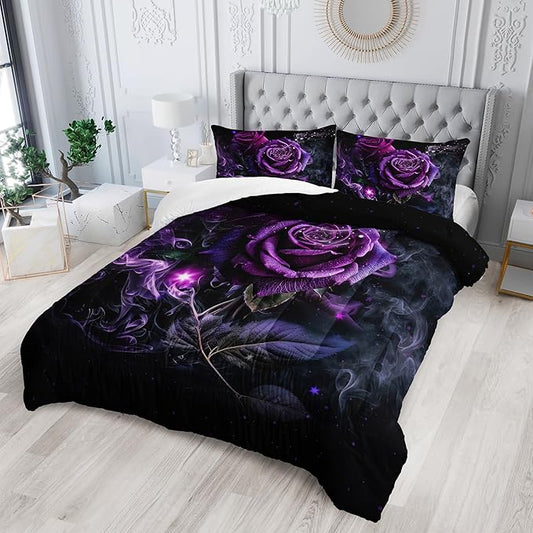 Purple Rose King Size Comforter Set - King Quilt Bedding Set with Flower Pattern for Women's Bedroom Decor
