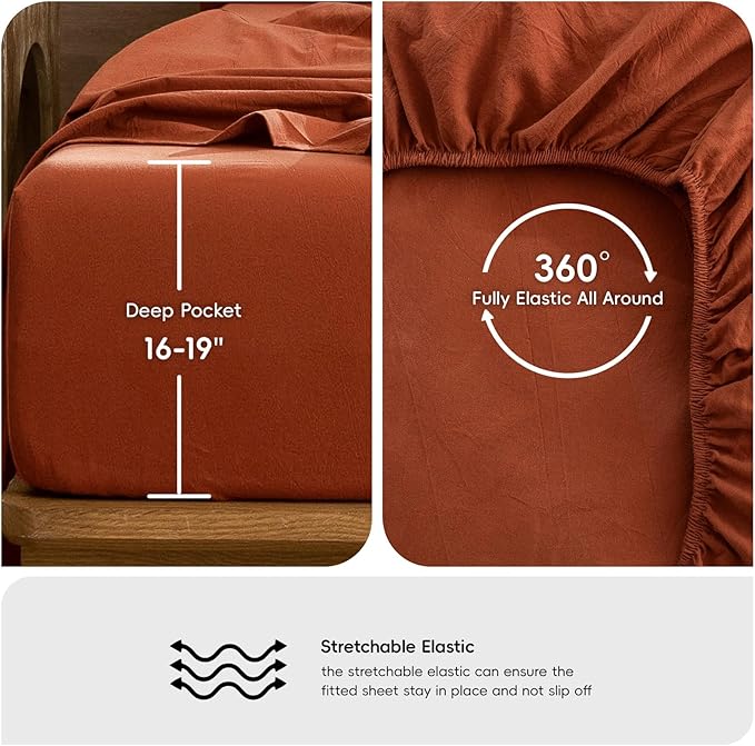 MooMee Bedding Sheet Set 100% Washed Cotton Linen Like Textured Breathable Durable Soft Comfy (Solid Rust Brown, King)