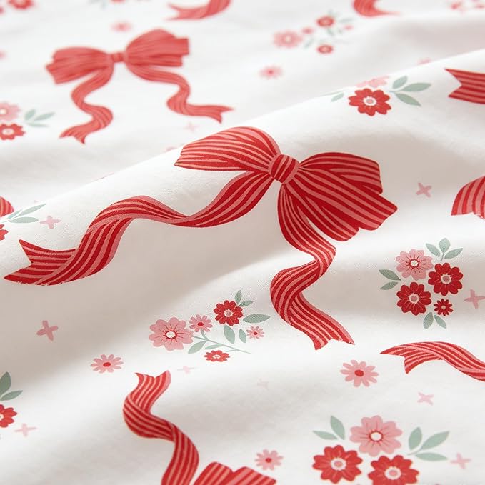 Red Bow Comforter Set Queen for Girls, 3Pcs Ribbon Bowknot Bedding for Kids Kawaii Bedroom Decor, Dreamy Priness Girly Puple Stripe Bows Comforter Set with 2 Pillowcases, 90"x90"