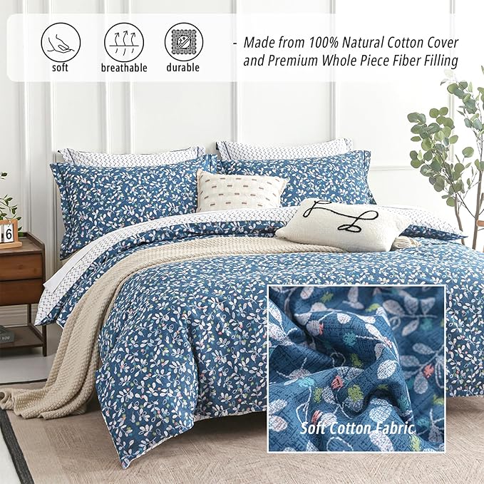 Blue Floral Cotton Comforter King Size - White Leaves with Delicate Soft Green & Blush Floral Print, Blue Chevron on White Reverse – 3PC Lightweight Bedding Set with Soft Fill(104"×90")