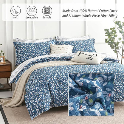 Blue Floral Cotton Comforter King Size - White Leaves with Delicate Soft Green & Blush Floral Print, Blue Chevron on White Reverse – 3PC Lightweight Bedding Set with Soft Fill(104"×90")