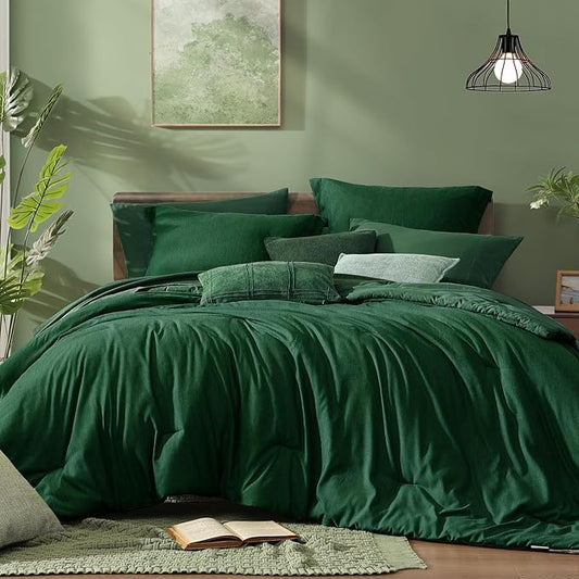 Monbix King Size Comforter Set, Emerald Green King Bedding Set Reversible, King Comforter Set 7 Pieces, Cationic Dyeing Bed in a Bag with Comforter, Sheets, Pillowcases & Shams