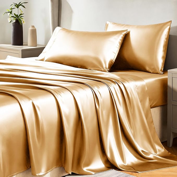 CozyLux Satin Sheets Queen Size Bed Set - 4 Piece Silky Queen Sheet Set, Luxury Gold Queen Sheets with Smooth and Soft Microfiber, Includes 1 Fitted Sheet, 1 Flat Sheet and 2 Pillowcases