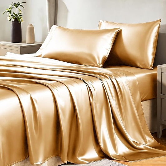 CozyLux Satin Sheets Queen Size Bed Set - 4 Piece Silky Queen Sheet Set, Luxury Gold Queen Sheets with Smooth and Soft Microfiber, Includes 1 Fitted Sheet, 1 Flat Sheet and 2 Pillowcases