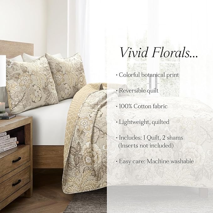 Lush Decor Sydney Reversible Cotton Quilt Neutral, 3 Piece Set, Full/Queen, Neutral - Cotton Bedding Set - Beige Floral Quilt - Cottage Decor - Bedding Queen Size
