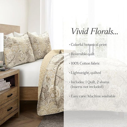 Lush Decor Sydney Reversible Cotton Quilt Neutral, 3 Piece Set, Full/Queen, Neutral - Cotton Bedding Set - Beige Floral Quilt - Cottage Decor - Bedding Queen Size