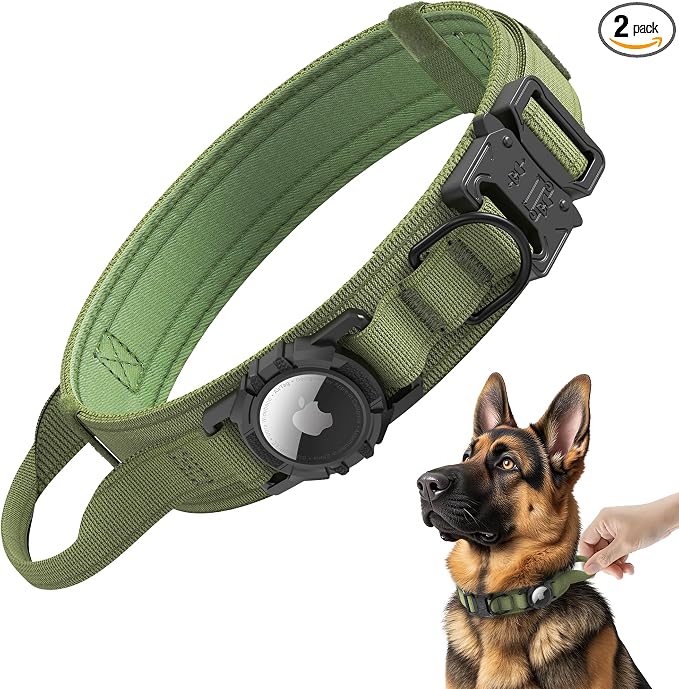 Tactical AirTag Dog Collar - Heavy Duty, Adjustable GPS Collar | Compatible with Apple AirTag, with Holder & Control Handle for Medium/Large Dogs [ Green, XL ]