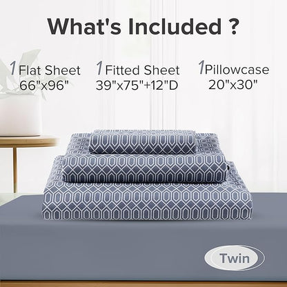 Comfort Spaces 100% Cotton Sheets Twin, Breathable, Naturally Cool Cotton Sheets, Soft Cotton Bed Sheets with 14" Elastic Pocket Fits up to 16" Mattress, All Seasons Sheet Set, Diamond Blue 3 Piece