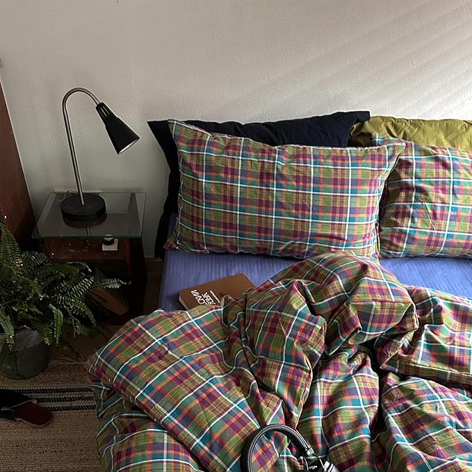 MKXI Buffalo Plaid Duvet Cover Set 3 Piece Vintage Bedding in Kelly Green, Navy & Red | 100% Washed Cotton Reversible Design with Zipper Closure & Corner Ties,Shabby Chic Aesthetic for Twin XL