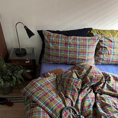 MKXI Buffalo Plaid Duvet Cover Set 3 Piece Vintage Bedding in Kelly Green, Navy & Red | 100% Washed Cotton Reversible Design with Zipper Closure & Corner Ties,Shabby Chic Aesthetic for Twin