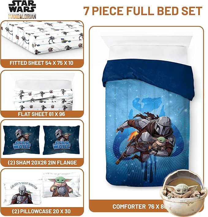 Jay Franco Kids Comforter Set Includes Sheets and Pillow Covers - Soft and Cozy Bed Set for Stylish Room Decor, Official Licensed Bedding, Blue - The Mandalorian, 7 Piece Full