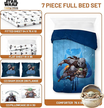 Jay Franco Kids Comforter Set Includes Sheets and Pillow Covers - Soft and Cozy Bed Set for Stylish Room Decor, Official Licensed Bedding, Blue - The Mandalorian, 7 Piece Full