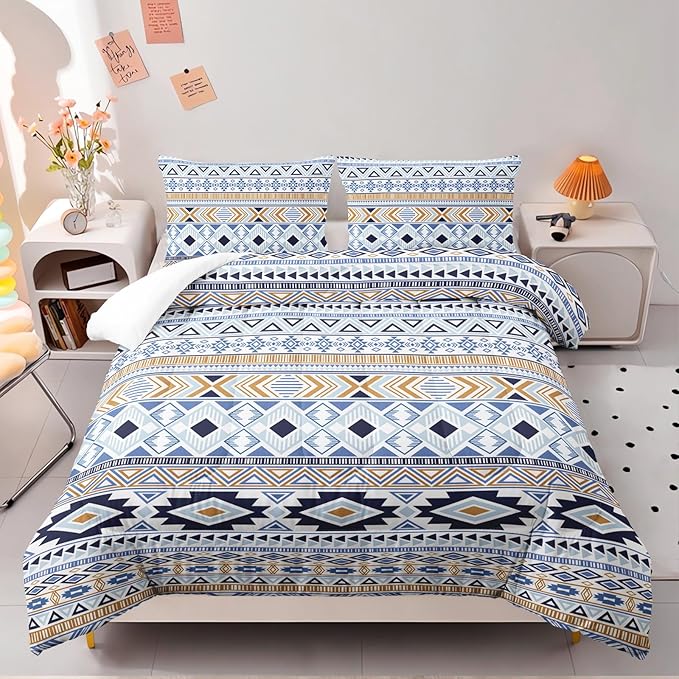 Native American Stripe Comforter Set Full Size Blue Southwestern Bedding Sets 3PCS for Kids Teen Adult Room Decor Ultra-Soft Lightweight Microfiber 1 Comforter with 2 Pillowcases