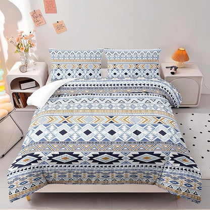 Native American Stripe Comforter Set Full Size Blue Southwestern Bedding Sets 3PCS for Kids Teen Adult Room Decor Ultra-Soft Lightweight Microfiber 1 Comforter with 2 Pillowcases