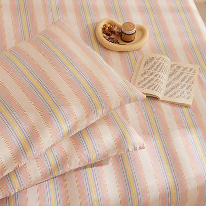 HighBuy Striped Comforter Set King Modern Pink Yellow Striped Comforter Set 3 Pieces Soft Fluffy Stripes Pattern Comforter with 2 Pillowcases Farmhouse Bedding Set King for Women Men