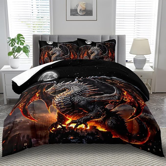 Black Dragon Comforter Set King Adult,Flame Dragon Bedding Set for Boys,Magical Beast Bedding Fantasy Animal Comforter Beedroom Decor,Magical Beast Quilt Bed Decor