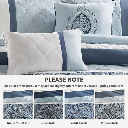 510 DESIGN Luxe Quilted Comforter Set Modern Transitional Design, All Season Down Alternative Warm Bedding Matching Shams, Bedskirt, Decorative Pillow, King, Shawnee Scrollwork Blue
