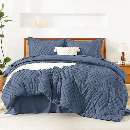 Litanika Super King Plus Size Comforter Set with Sheets Ocean Blue - 7 Pieces Bed in a Bag Oversized King Boho Tufted Complete Bedding Sets with Comforter, Sheets, Pillowcases & Shams