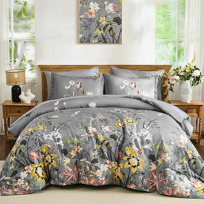 WONGS BEDDING King Comforter Set 7 Piece, Grey Floral Bed in a Bag Bedding Set with Botanical Flowers Patterns, Soft Lightweight Complete Comforters with Sheets for All Season