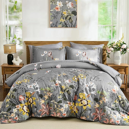 WONGS BEDDING King Comforter Set 7 Piece, Grey Floral Bed in a Bag Bedding Set with Botanical Flowers Patterns, Soft Lightweight Complete Comforters with Sheets for All Season