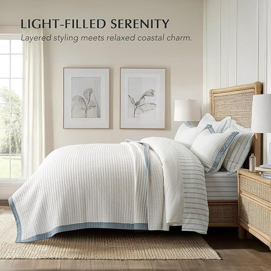 EVERGRACE Cotton Border Frame Tack-Stitch Quilt Bedding Set King Size, Coastal Oversized 3 Pieces Lightweight Bedspread Coverlet for All Season, with 2 Matching Shams, Blue Linen