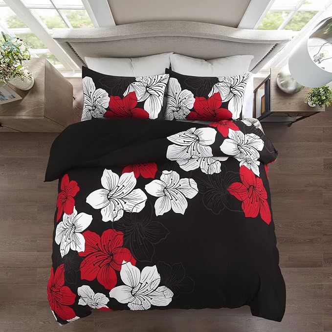 Menghomeus Black Red Floral Comforter Set King Soft Comforter Botanical Bedding Sets Modern Lightweight Boho Bed Set for Women Adults Teens (1 Comforter, 2 Pillowcases)