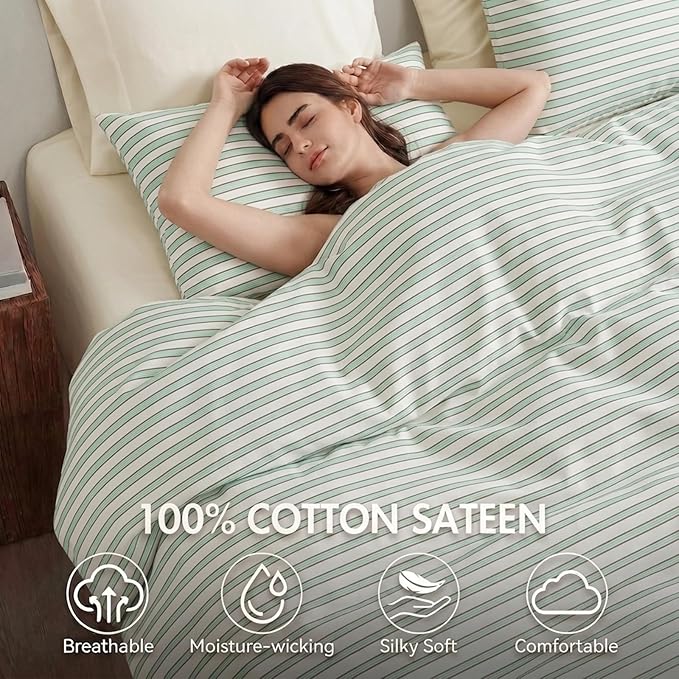 Bedbay Sage Green Striped Duvet Cover Set King Size, 100% Cotton Sateen Bedding Set, Silky Soft Breathable 3 Piece Farmhouse Minimalist Bedding for All Seasons