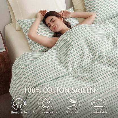 Bedbay Sage Green Striped Duvet Cover Set King Size, 100% Cotton Sateen Bedding Set, Silky Soft Breathable 3 Piece Farmhouse Minimalist Bedding for All Seasons