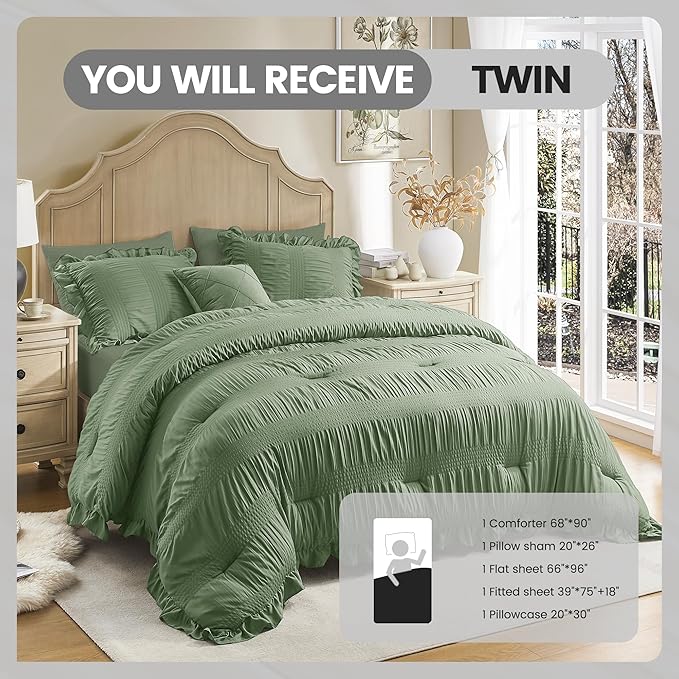 QUIETSEA Twin Comforter Set Seersucker 5 Pieces Luxury Ruffle Bed in a Bag Twin Size for All Season Green Bedding Set with Comforter, Pillowcase, Flat Sheet, Fitted Sheet and Pillow Sham