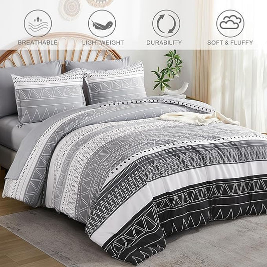 WONGS BEDDING Queen Comforter Set 7 Pieces, Boho Grey White Geometric Striped Comforter for Queen Bed in a Bag, Soft Microfiber Bedding Set with Pillowcases, Flat Sheet, Fitted Sheet, Pillow Shams