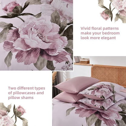 Dobuyly Pink Floral Comforter Set Queen 7 Piece Bed in a Bag, Blush Flowers Printed on Light Pink Comforter Set with Sheets, Soft Microfiber Botanical Bedding Set for All Season