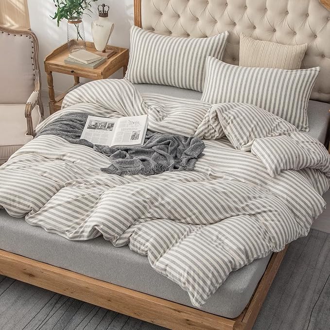 PURE ERA Jersey Knit Duvet Cover Set 100% T-Shirt Heather Cotton Super Soft Comfy Classic Striped Design, with Zipper Closure, Grey & White Stripe, Full
