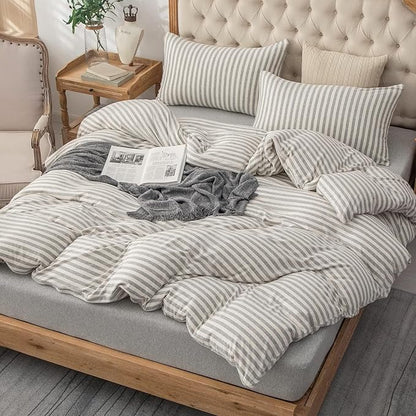 PURE ERA Jersey Knit Duvet Cover Set 100% T-Shirt Heather Cotton Super Soft Comfy Classic Striped Design, with Zipper Closure, Grey & White Stripe, Full