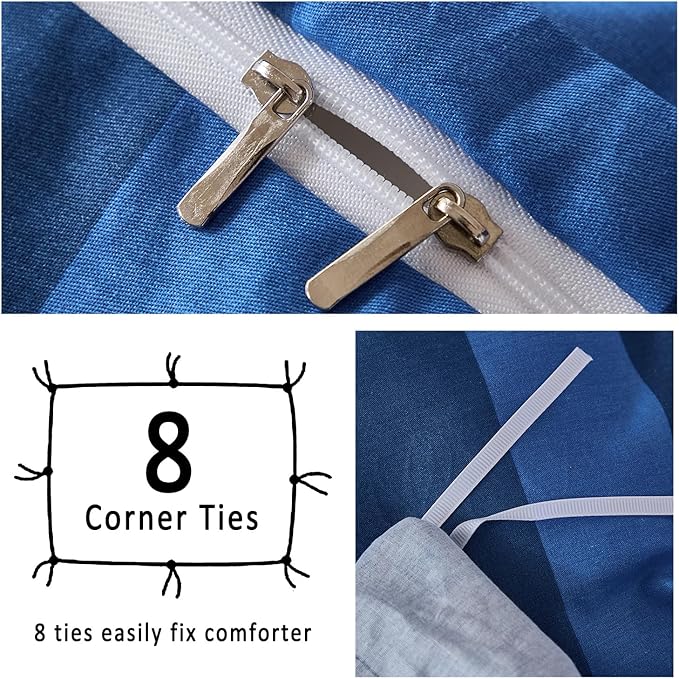 Merryword Blue Striped Duvet Cover Set King Size, 100% Natural Cotton Linen Like Duvet Cover Set with Zipper Closure & 8 Corner Ties, Dark Blue Soft Reversible Bedding for All Seasons