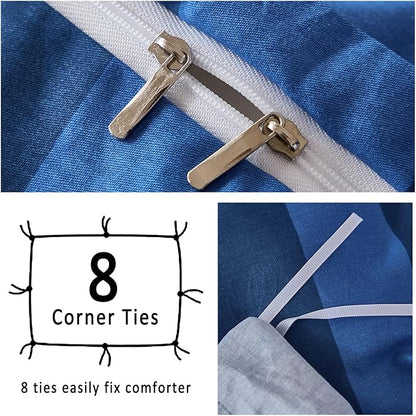 Merryword Blue Striped Duvet Cover Set King Size, 100% Natural Cotton Linen Like Duvet Cover Set with Zipper Closure & 8 Corner Ties, Dark Blue Soft Reversible Bedding for All Seasons