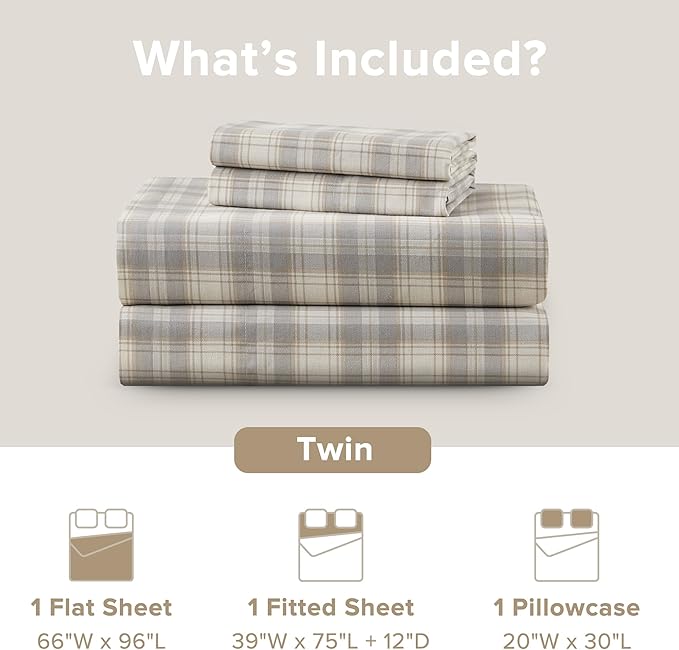 Comfort Spaces 100% Cotton Sheets Twin, Breathable, Naturally Cool Cotton Sheets, Soft Cotton Bed Sheets with 12" Elastic Pocket Fits up to 14" Mattress, All Seasons Sheet Set, Wesley Taupe 3 Piece