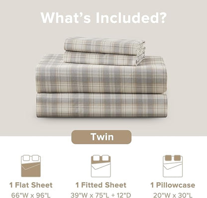 Comfort Spaces 100% Cotton Sheets Twin, Breathable, Naturally Cool Cotton Sheets, Soft Cotton Bed Sheets with 12" Elastic Pocket Fits up to 14" Mattress, All Seasons Sheet Set, Wesley Taupe 3 Piece