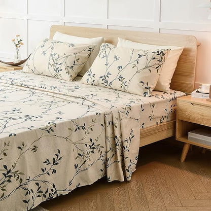 JSD 6 Piece Beige Leaves Printed Sheet Set Queen Size, Soft Botanical Microfiber Sheets Extra Deep Pocket