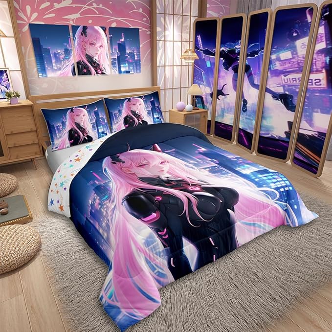 Erosebridal Japanese Anime Comforter Set Queen Size, Anime Girl Bedding Set Kawaii Japanese Style Quilt Cartoon Japan Animation Duvet Insert for Boys Teens Adult Women Bedroom Decor