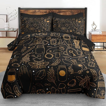 Comforter Set Twin Size, Vintage Witch Dream 5 Pcs Bedding for Kids and Adults, Boho Mystic Occult Bed Sheet Sets with Fitted Sheet Pillowcase & Sham for Bedroom Bed Decor