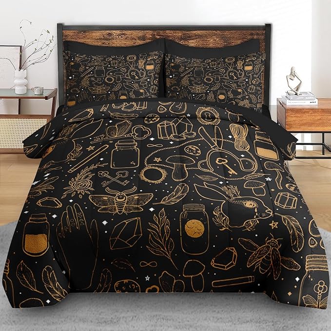 Comforter Set Queen Size, Vintage Witch Dream 7 Pcs Bedding for Kids and Adults, Boho Mystic Occult Bed Sheet Sets with Fitted Sheet 2 Pillowcases & 2 Shams for Bedroom Bed Decor