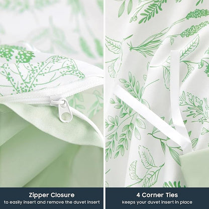 Wake In Cloud - Floral Duvet Cover Set, Botanical Vintage Flower Coquette Cottagecore Aesthetic for Women Teen Girls, Soft Lightweight Bedding, 3-Piece, Light Green, Twin/Twin XL Size
