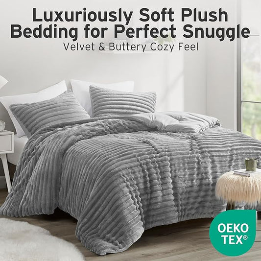 Intelligent Design Queen Comforter Set, Cozy Plush Bedding, Microfiber Reverse, 3 Piece, Lightweight, Super Soft Ribbed Velvet Comforter 2 Shams, All Season Fluffy Bed Set, Avril, Full/Queen Grey