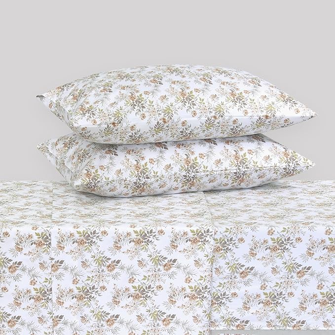 Feather & Stitch 500 TC Split King Size Sheet Set, 5 Piece Bed Sheets Set-2 Twin Fitted Sheet, 1 King Flat Sheet & 2 King Pillowcases, 18" Deep Pockets Sateen Weave Striped Bedsheet - Rose Floral