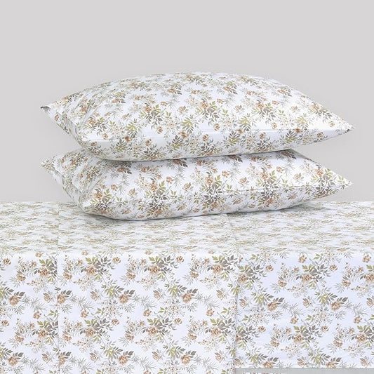 Feather & Stitch Printed 500 TC Queen Size 4pc Damask Bed Sheet Set, 100% Soft Cotton Breathable Bedsheets, 18" Deep Pockets Sateen Weave Striped Bedding Mattress Resort Hotel Luxury - Rose Floral