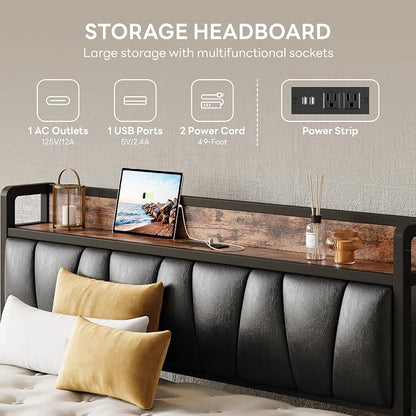 LIKIMIO Full Size Bed Frame, Storage Headboard with Charging Station, Solid and Stable, Noise Free, No Box Spring Needed, Easy Assembly (Vintage and Black)